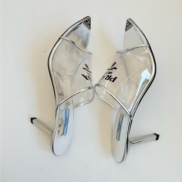 Prada Metallic silver leather logo print Pexiglas high heel slide sandals EU40.5 - Picture 10 of 15